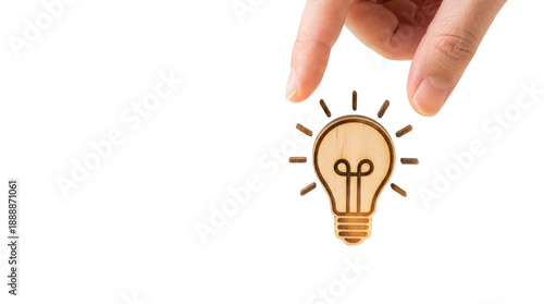 Hand with fingers hovers above a lightbulb icon with radiating lines, suggesting an idea or inspiration on white and transparent