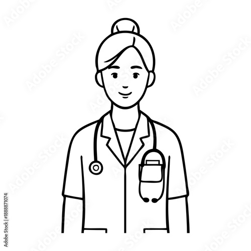 Dibujo sencillo con líneas de mujer enfermera o doctora con estetoscopio