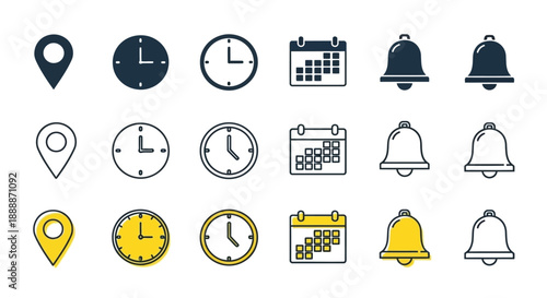 A collection of simple flat icons depicting location time calendar and notification symbols in varying colors