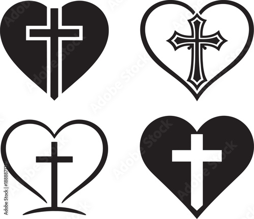 Christian cross inside heart icon collection