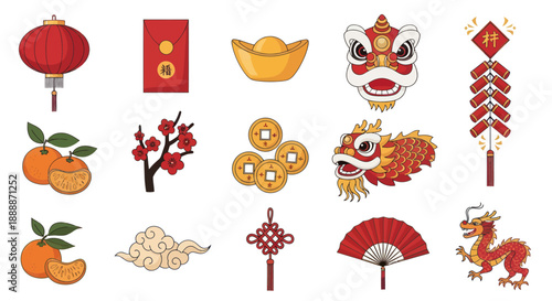 Chinese New Year Symbols Collection: Lantern, Dragon, Lion Dance, Firecrackers, Red Envelope