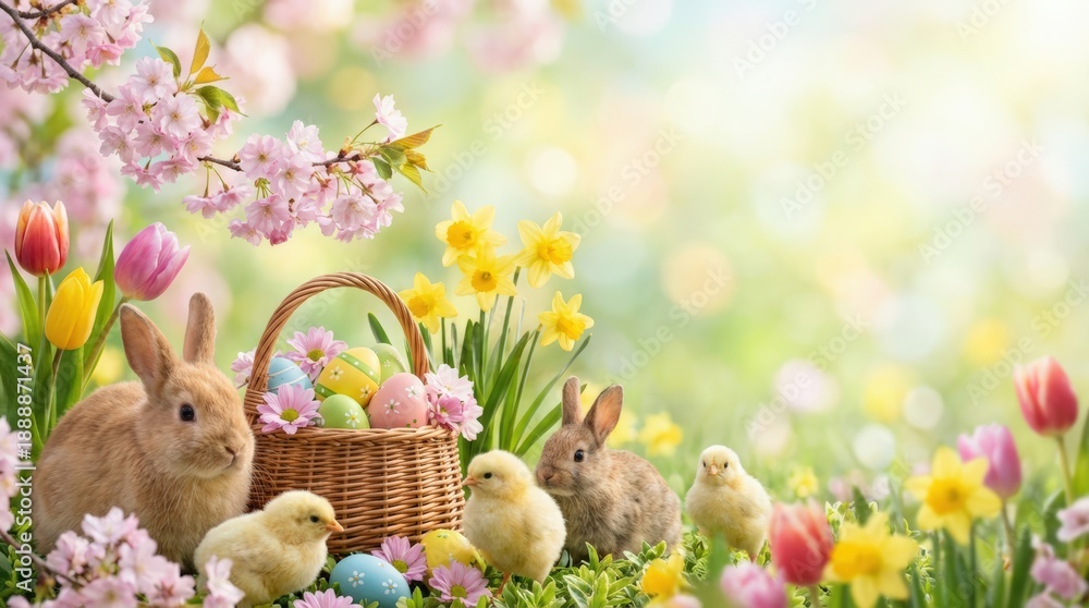 Fototapeta premium Easter celebration with bunnies and chicks blossom garden colorful flowers springtime serene landscape joyful scene nature's beauty