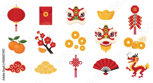 Chinese New Year Icons: Lanterns, Dragons, Oranges, Coins, Firecrackers, Fan