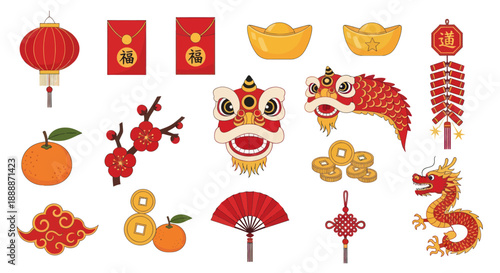 Chinese New Year Icons: Dragon, Lantern, Lucky Money Bags, Firecrackers, Oranges