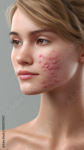 young woman with severe facial acne and redness side view female skin problem and dermatology treatment illustration