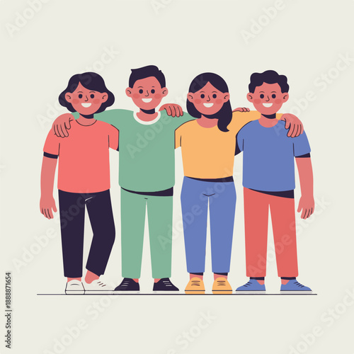 Group of four diverse happy friends standing together arm in arm vector illustration