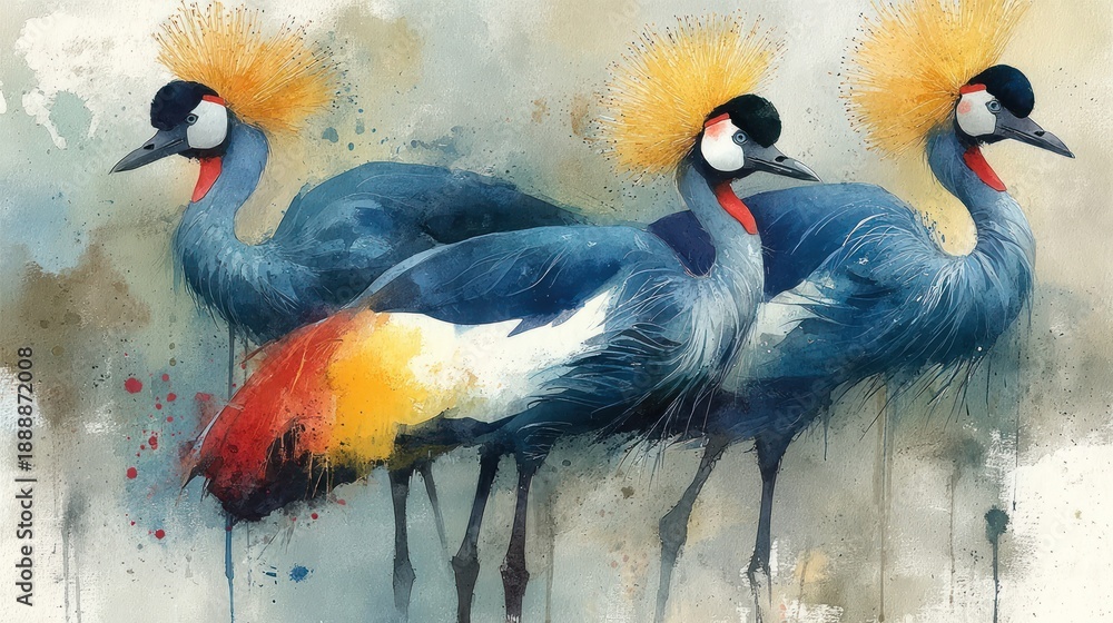 Fototapeta premium Watercolor painting features three crowned cranes with vibrant plumage