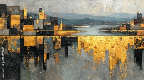 Panel kuchenny z motywem Atmospheric painting of a city mirroring in a body of water with muted gold, teal, and gray tones