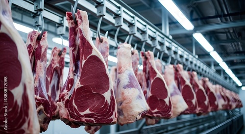Raw beef carcasses hanging on hooks in modern meat processing facility