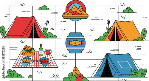 Camping set with tents picnic food cooking stove and outdoor travel gear arranged in nature flat vector illustration