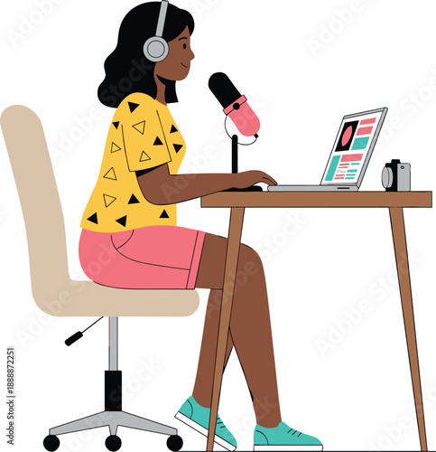 Woman recording podcast at desk with microphone headphones laptop and coffee working from home flat vector illustration