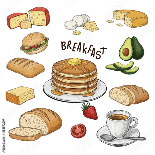 Watercolor Breakfast Food Doodle