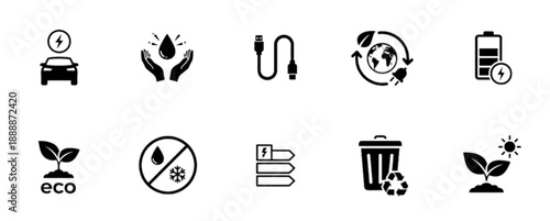 A professional eco resource vector image featuring icons for electric vehicles, hand-held water drops, battery life, recycling, and climate-controlled environments