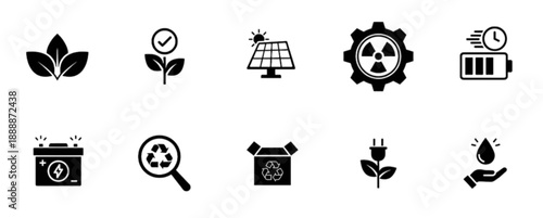 An industrial eco vector image icon pack showcasing nuclear power, solar energy, fast charging batteries, recycling boxes, and sustainable plumbing concepts