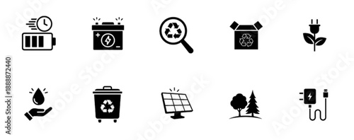 A detailed energy and waste management vector image banner displaying icons for battery speed, car batteries, solar technology, forests, and universal charging cables