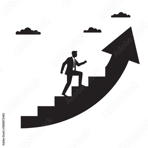 Vector silhouette of a businessperson climbing upward arrow stairs, flat design.