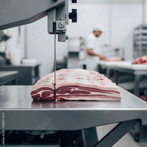 Industrial Meat Band Saw Machine Cutting Raw Pork Belly in Professional Food Processing Factory