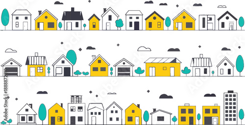 Houses and Buildings Flat Modern Yellow and Gray Illustration for Urban Planning and Architecture