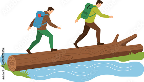 Two hikers crossing river on fallen tree log with backpacks during outdoor trekking adventure flat vector illustration
