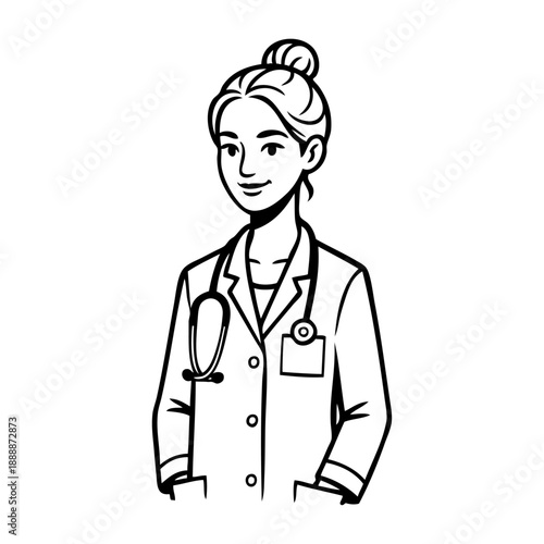 Dibujo sencillo con líneas de mujer enfermera o doctora con estetoscopio