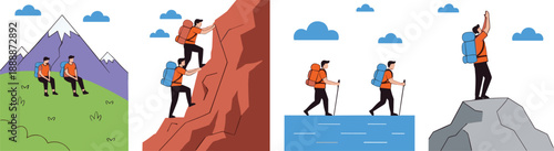 Adventure hiking and mountaineering set with climbers trekking mountains crossing river reaching summit outdoors flat vector illustration