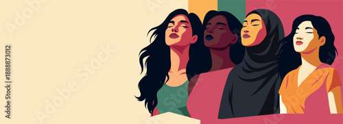 Women's day. Vector illustration of four women of different cultures and nationalities standing together and looking up. Feminism, freedom. Movement for gender equality women's empowerment