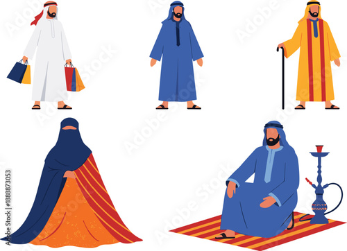 Middle Eastern people character set with traditional clothing shopping walking praying and relaxing with hookah in cultural flat vector illustration