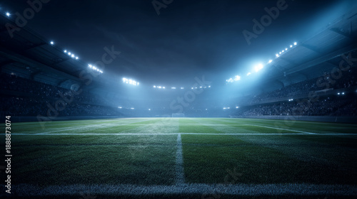 Wide Angle Soccer Stadium at Night with Bright Blue Lights