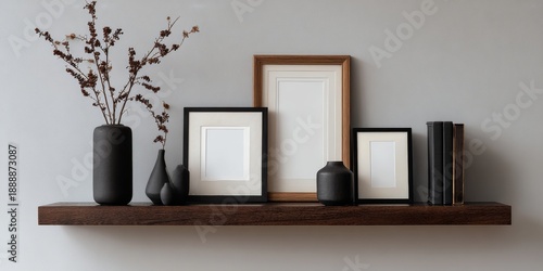 Wallpaper Mural A minimalist shelf displays various frames, vases, and decorative elements, highlighting a contemporary aesthetic with neutral colors. Torontodigital.ca
