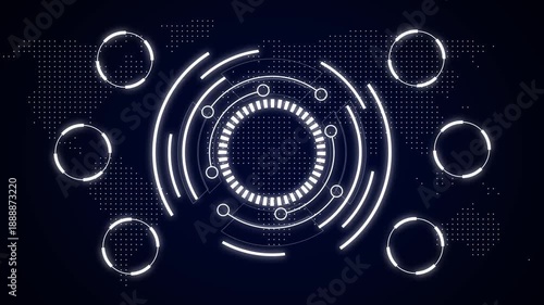 Futuristic hud interface with glowing circles and world map dots on dark blue background technology digital