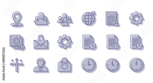 A collection of various blue line icons representing diverse concepts like location people settings and time