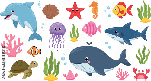 Cute ocean animal collection vector with whale, dolphin, shark, fish, turtle, jellyfish, coral, and colorful underwater sea life