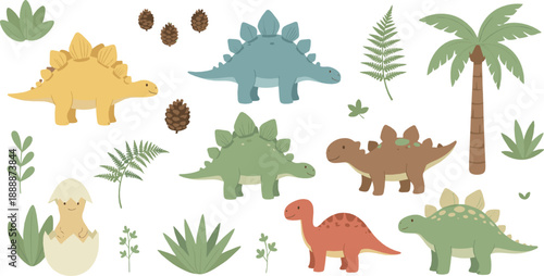 Cute pastel stegosaurus dinosaur set vector with tropical plants, pinecones, eggs, and prehistoric cartoon animals for kids