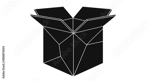 A striking black and white geometric design of an open box with sharp angled lines and facets