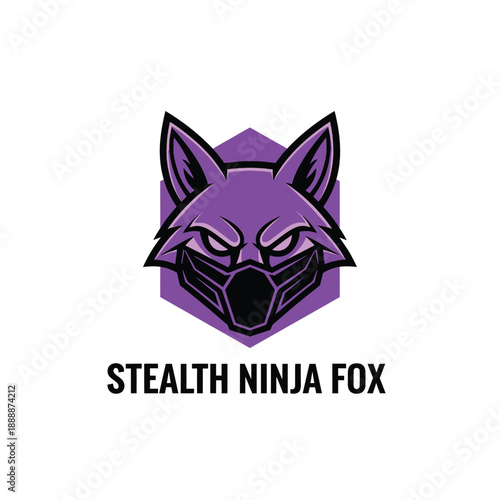 Purple fox head wearing a ninja mask for esports gaming mascot or security company branding, featuring the bold text STEALTH NINJA FOX
