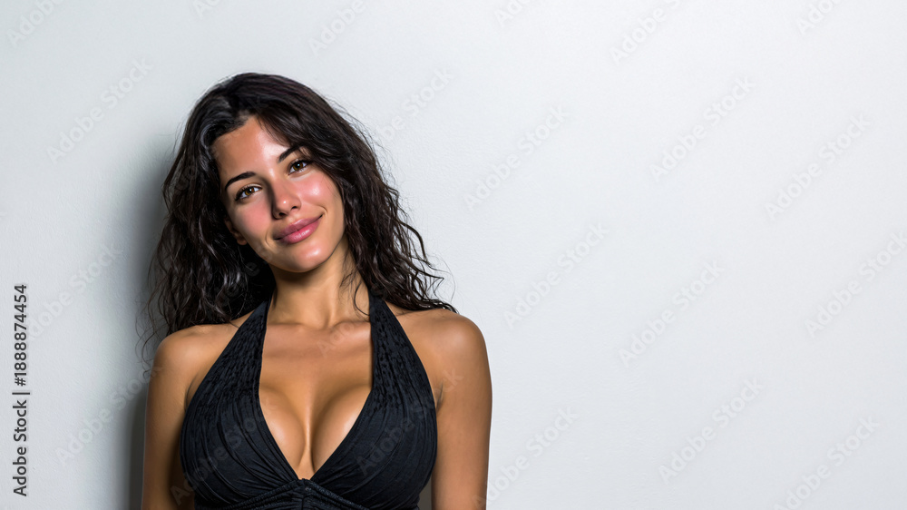 Naklejka premium beautiful brunette woman with curly hair in black top, sexy glamorous female model posing on white background, stunning attractive woman with long curly hair and elegant outfit