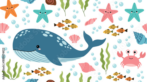 Cute whale and ocean sea life vector with starfish, fish, crab, shells, bubbles, and colorful underwater cartoon elements