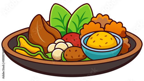 Traditional Indonesian Food Platter Flat Illustration