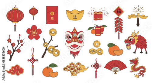 Chinese New Year Icons: Dragon, Lanterns, Firecrackers, Red Envelopes, Coins & More