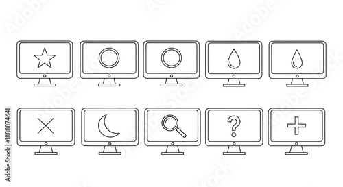 a series of computer monitors displaying various simple symbols in a clean linear style