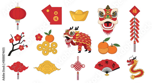 Chinese New Year Symbols Collection: Lantern, Dragon, Firecrackers, Oranges, Coins, Red Envelopes