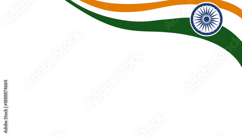 A vibrant, abstract Indian flag-inspired design featuring orange, white, and green ribbons orbiting a blue Ashoka Chakra in the corner, creating a dynamic patriotic banner suitable for India-related