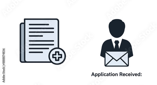 Application Received Icon: Document with Plus Sign and Envelope with Person