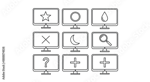 A collection of nine computer monitors displaying distinct outline symbols in a grid arrangement
