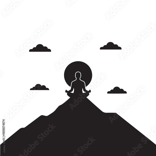 Vector silhouette of a person meditating on a mountain peak, flat design, black on white.