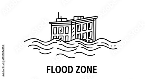 Building submerged in floodwaters, flood zone warning icon