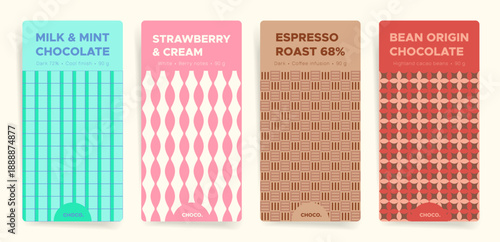Modern chocolate bar packaging design set with mint, strawberry, cream, and espresso flavors. Pastel geometric wrapper templates with seamless lattice motif
