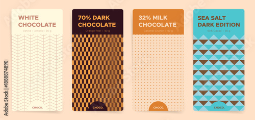 Minimal chocolate bar packaging design set with vanilla, almond, orange peel, caramel crunch, and sea salt edition. Retro geometric wrapper templates with seamless texture motif
