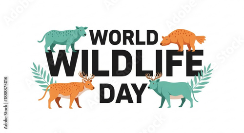World wildlife day logo with animals and leaves on white background conservation theme