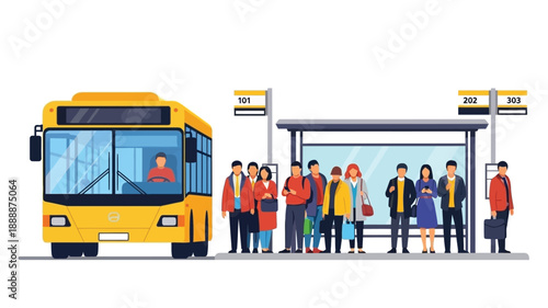 Yellow bus approaching a bus stop with waiting passengers